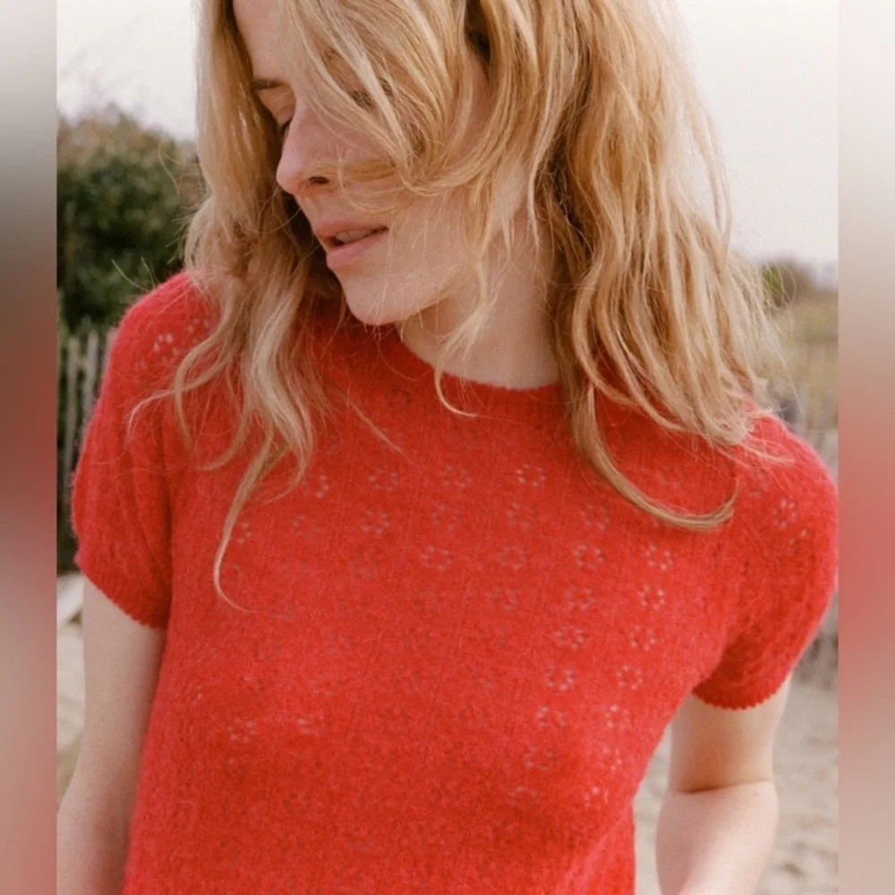 Doen Monica Alpaca Wool Pointelle Short Sleeeve Crew Neck Sweater Top Cherry Red